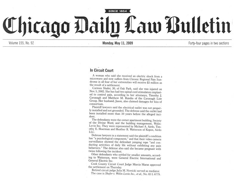 CHICAGO DAILY LAW BULLETIN: $3M Awarded to Woman Shocked by Microwave Oven