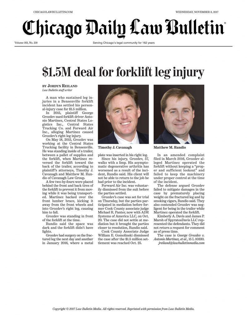 CHICAGO DAILY LAW BULLETIN: $1.5M Deal for Forklift Leg Injury
