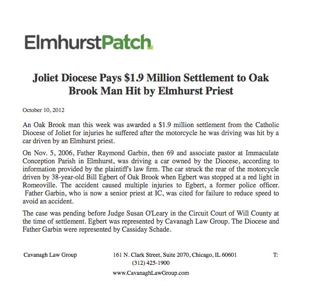 ELMHURST PATCH: Joliet Diocese Pays $1.9M Settlement to Oak Brook Man Hit by Elmhurst Priest