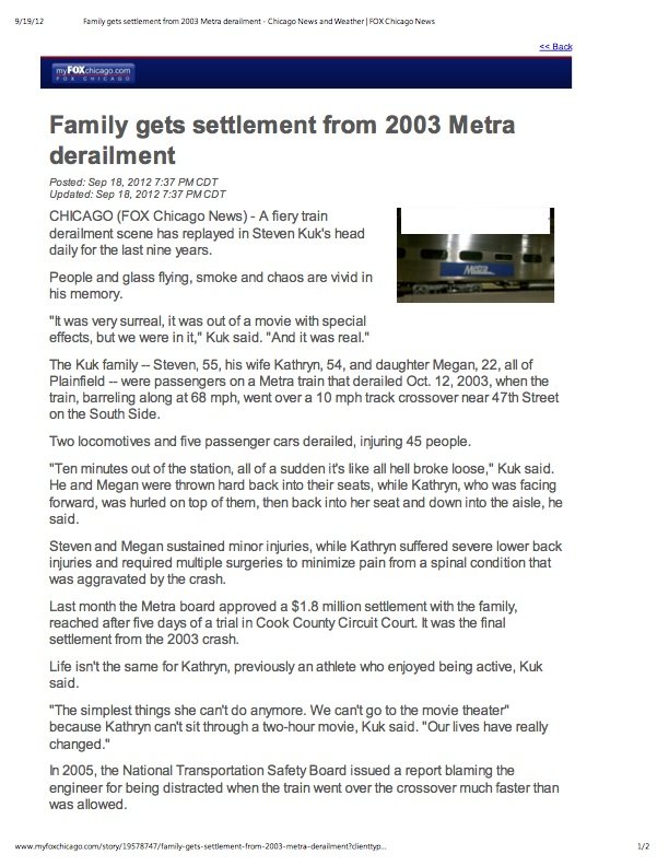 FOX 32 CHICAGO: Family Gets Settlement From 2003 Metra Derailment