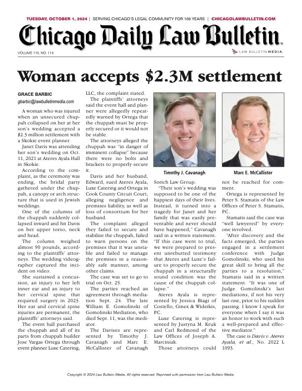 CHICAGO DAILY LAW BULLETIN: Woman accepts $2.3M settlement