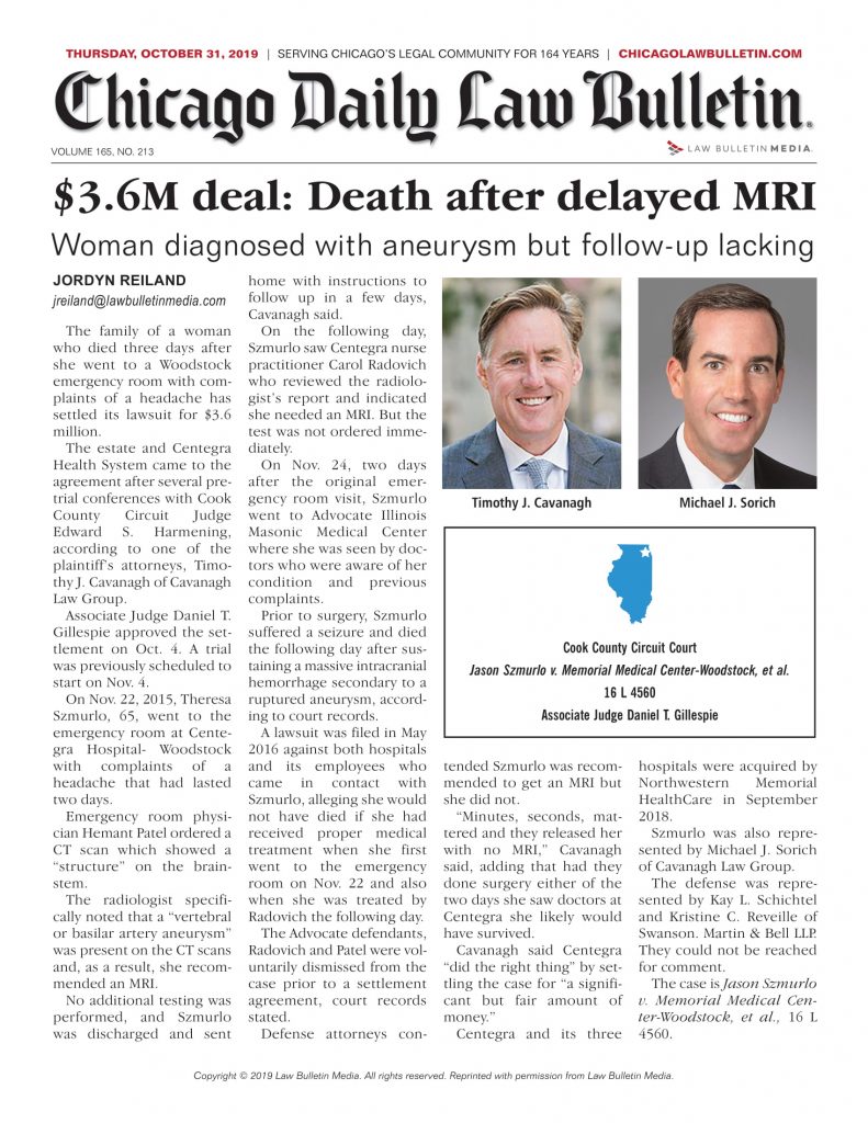 CHICAGO DAILY LAW BULLETIN: $3.6M Settlement for Death After Delayed MRI
