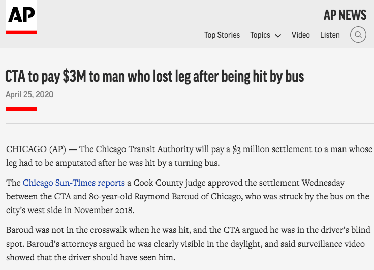 ASSOCIATED PRESS: CTA to Pay $3M to Man Who Lost Leg After Being Hit by Bus