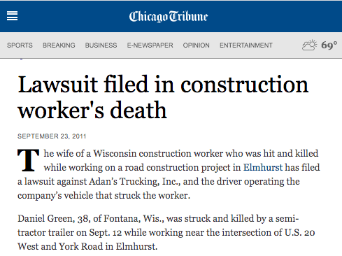 CHICAGO TRIBUNE: Lawsuit Filed in Construction Worker’s Death