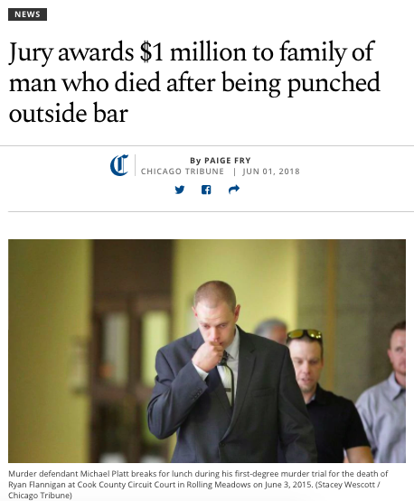 CHICAGO TRIBUNE: Jury Awards $1 Million to Family of Man Who Died After Being Punched Outside Bar