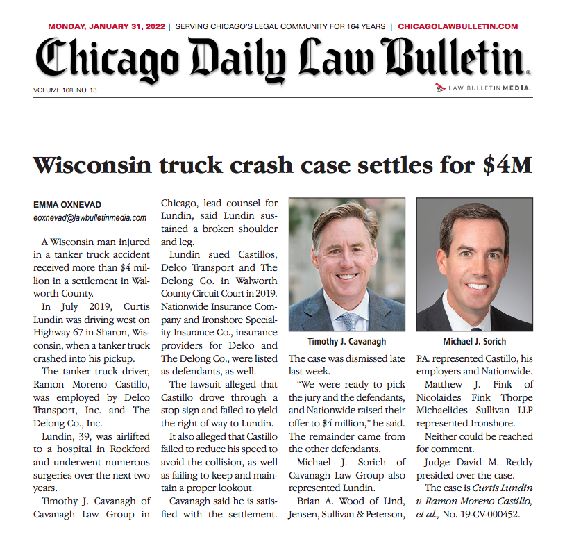 CHICAGO DAILY LAW BULLETIN: Wisconsin Truck Crash Case Settles for $4M