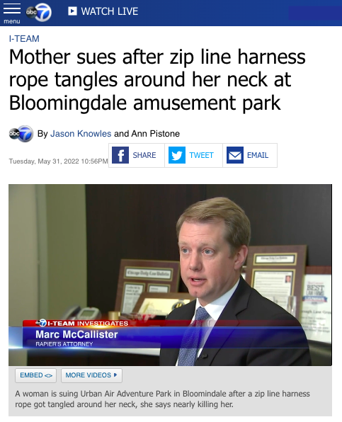 ABC 7 CHICAGO: Mother Sues After Zip Line Harness Rope Tangles Around Her Neck at Bloomingdale Amusement Park