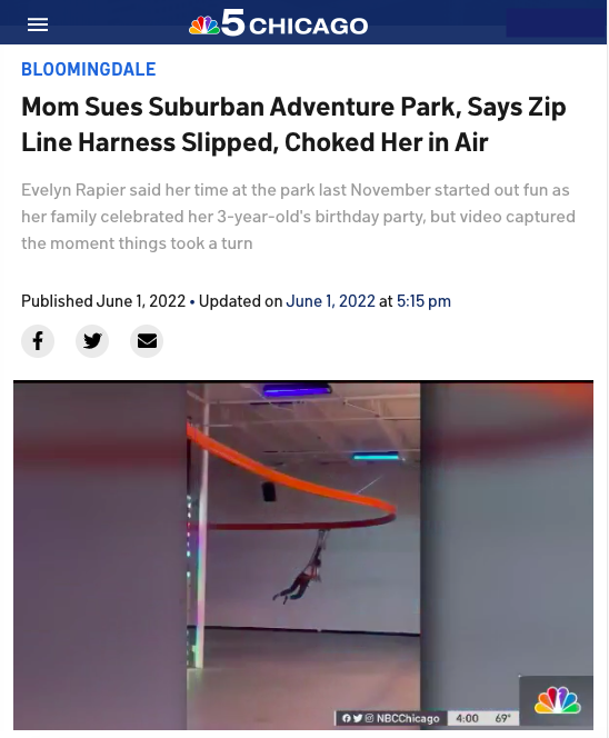 NBC 5 CHICAGO: Mom Sues Suburban Adventure Park, Says Zip Line Harness Slipped, Choked Her in Air