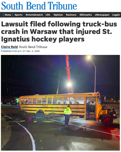 SOUTH BEND TRIBUNE: Lawsuit Filed Following Truck-Bus Crash in Warsaw That Injured St. Ignatius Hockey Players
