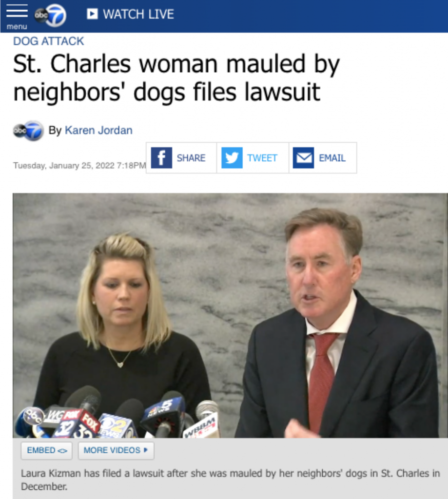 ABC 7 CHICAGO: St. Charles Woman Mauled by Neighbors’ Dogs Files Lawsuit