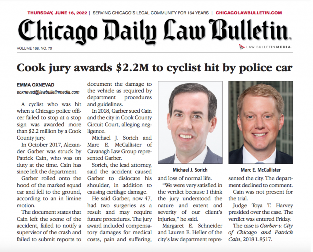 CHICAGO DAILY LAW BULLETIN: Cook Jury Awards $2.2M to Cyclist Hit by Police Car