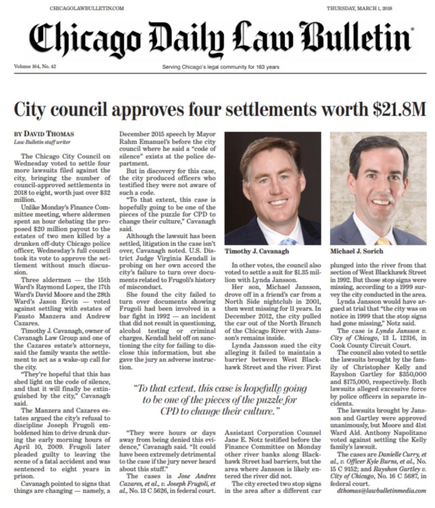 CHICAGO DAILY LAW BULLETIN: City Council Approves Four Settlements Worth $21.8M