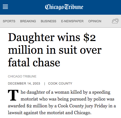 CHICAGO TRIBUNE: Daughter Wins $2 Million in Suit Over Fatal CPD Chase
