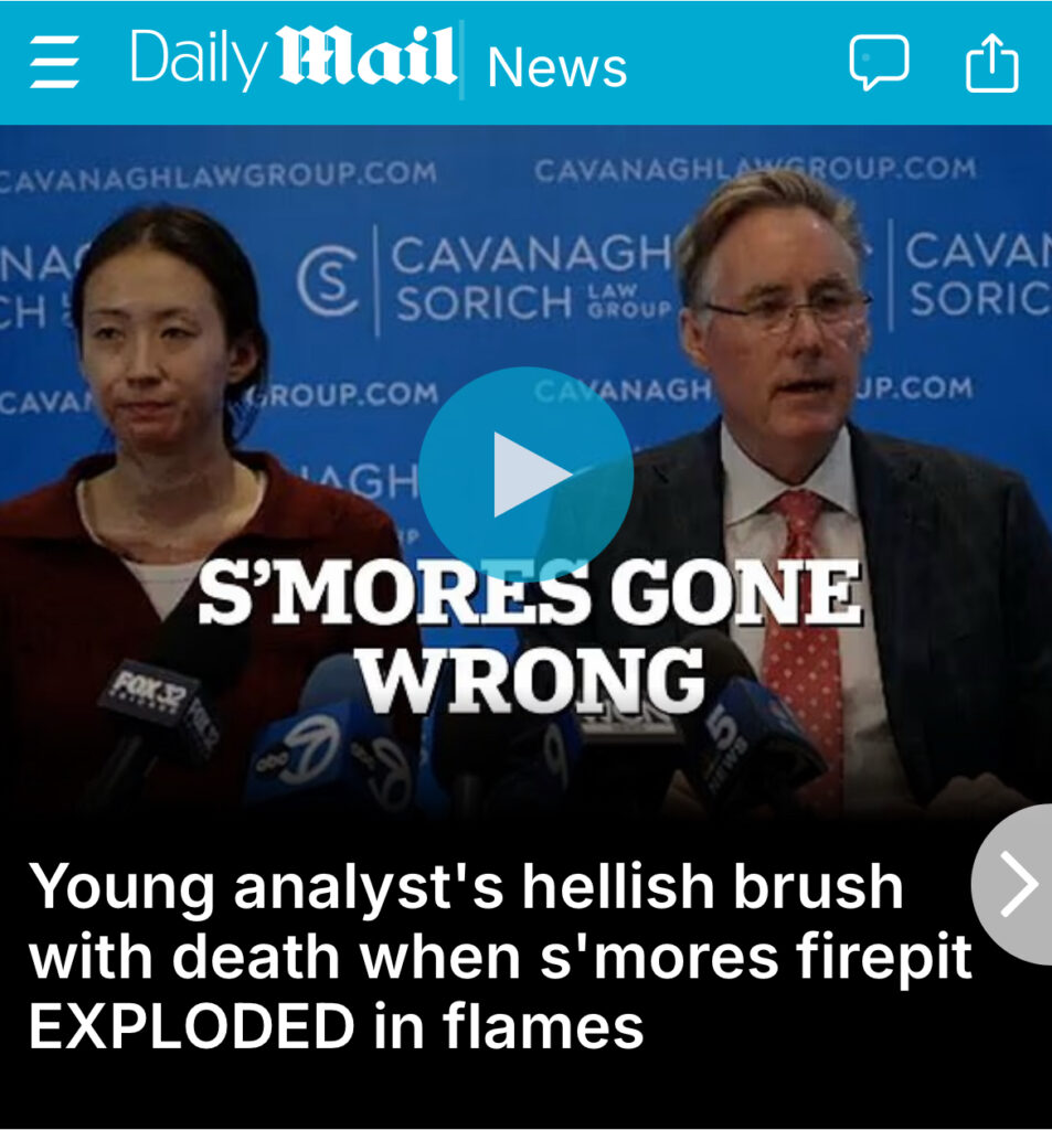 DAILY MAIL: Young analyst’s hellish brush with death when s’mores firepit EXPLODED in flames during corporate event