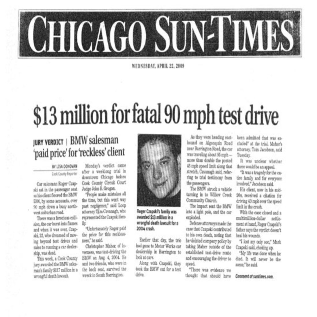 CHICAGO SUN-TIMES: $13M for Fatal 90 Mph Test Drive